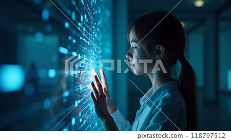 Connection Pose the girl touches a glowing virtual screen 118797512