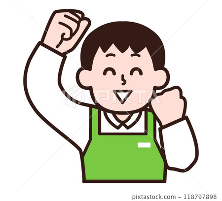 穿著圍裙的男人做拳頭泵 穿著圍裙的男人做拳頭泵 118797898