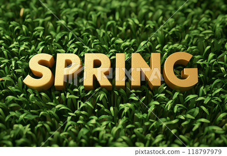 3D春天字体在绿色的草地上图片素材 118797979