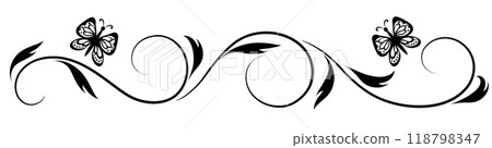 Floral ornament with butterflies, leaves and abstract lines. Graceful element for decor and greeting or invitation card design Floral ornament with butterflies, leaves and abstract lines. Graceful element for decor and greeting or invitation card design 118798347