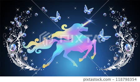Fairytale background with fabulous unicorn, magical butterflies and fantasy bubbles, flowers ornate and shiny stars. Fairytale background with fabulous unicorn, magical butterflies and fantasy bubbles, flowers ornate and shiny stars. 118798354