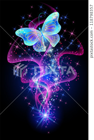 Fantastic butterfly and magical curving transparent waves with glowing stars on night dark background 118798357