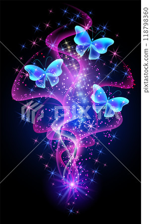 Fantastic butterflies and magical curving transparent waves with glowing stars on night dark background Fantastic butterflies and magical curving transparent waves with glowing stars on night dark background 118798360