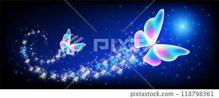 Magic butterflies with sparkle trail flying in night sky among glowing stars in cosmic space. Animal protection day concept. 118798361