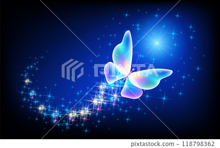 Magic butterfly with sparkle trail flying in night sky among glowing stars in cosmic space. Animal protection day concept. 118798362
