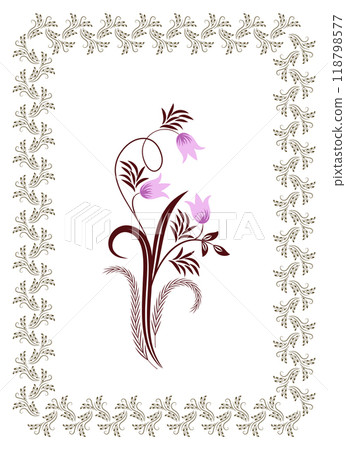 Card with floral ornament and bluebell flowers, leaves and abstract lines. Graceful decorative postcard for greeting or invitation. 118798577