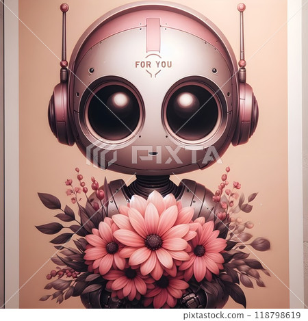 A cute and mischievous robot with big, expressive eyes holding a giant bouquet of flowers. 118798619