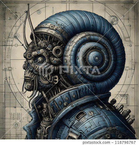 A cybernetic with a snail-like shell on its back. 118798767
