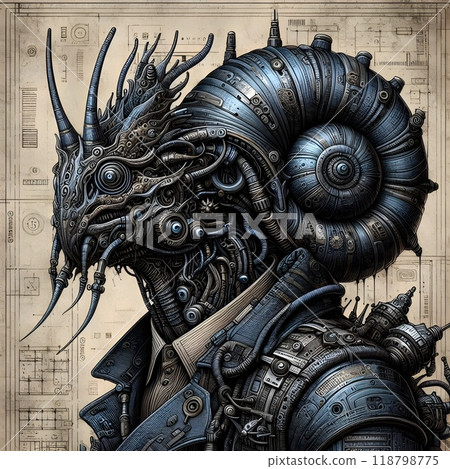 A cybernetic with a snail-like shell on its back. 118798775