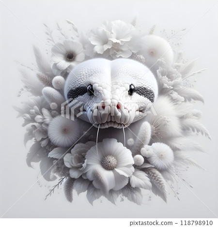 A furry head of white python in white floralbouquet. 118798910