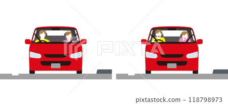 A passenger car facing forward, with the driver and passenger seat. Normal driving, a surprised driver and a woman in the passenger seat 118798973