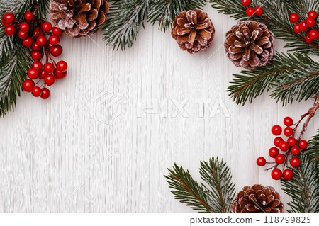 White new year background, pine with red berries, green tree 118799825