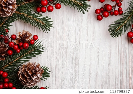 White new year background, pine with red berries, green tree 118799827