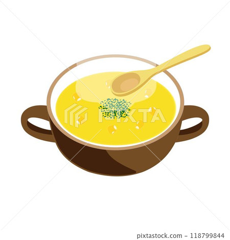 Mug of steaming corn soup with corn and spoon set slanted Mug of steaming corn soup with corn and spoon set slanted 118799844