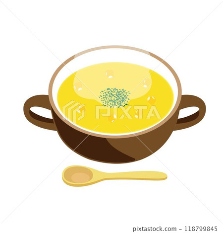 Mug of steaming corn soup with corn and spoon set Mug of steaming corn soup with corn and spoon set 118799845