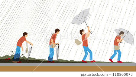 Disaster, heavy rain. Illustration of pedestrians with umbrellas and the amount of water overflowing on the sidewalk 118800073