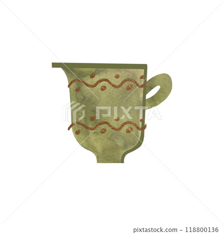 Milk jug. Elegant olive green milk jug with small handle in vintage style made of porcelain. Part of the service. Isolated watercolor object on white background. Clipart. 118800136