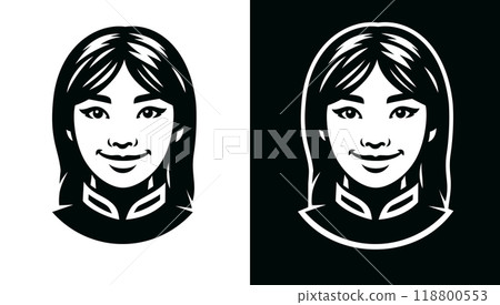 Attractive Asian girl drawn in vector. A simple black and white isolated icon. Young and beautiful oriental woman head. A face with a natural smile and open eyes. 118800553