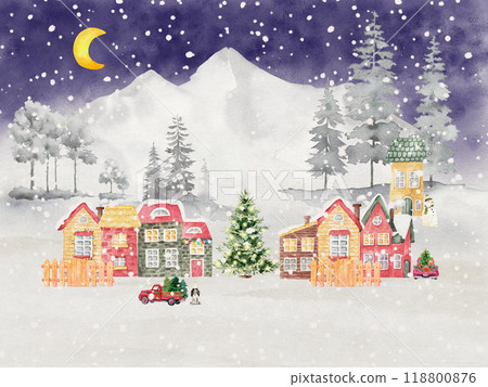 Cute village scene on a snowy winter night Cute village scene on a snowy winter night 118800876