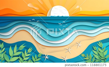 Abstract blue sea and beach summer background with curve paper waves and seacoast for banner 118801173