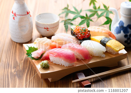 Assorted nigiri sushi served on sushi sandals 118801207