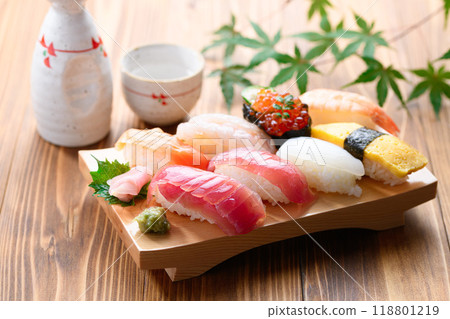 Assorted nigiri sushi served on sushi sandals 118801219