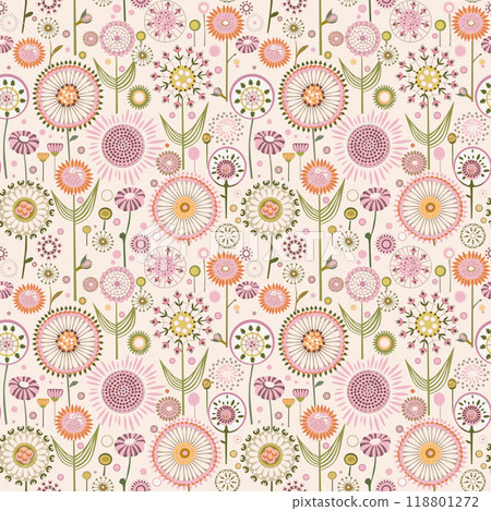 dandelions in a meadow in a delicate toned pattern. Vector illustration 118801272