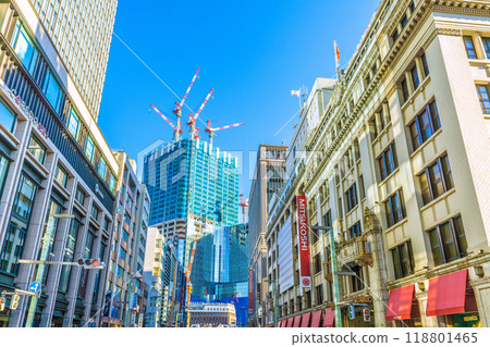 Tokyo cityscape, Japan. September. Muromachi 2-chome. Coredo Muromachi 3 (left) and Mitsukoshi. In the background is the redevelopment project of Nihonbashi 1-chome. 118801465