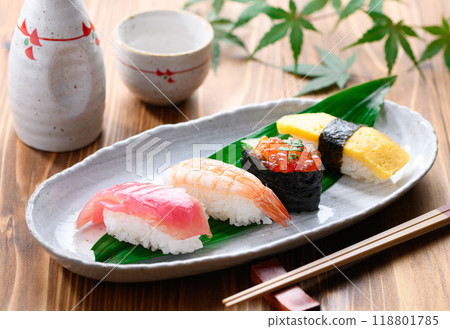 Sushi and sake served on a plate Sushi and sake served on a plate 118801785