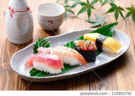 Sushi and sake served on a plate Sushi and sake served on a plate 118801792