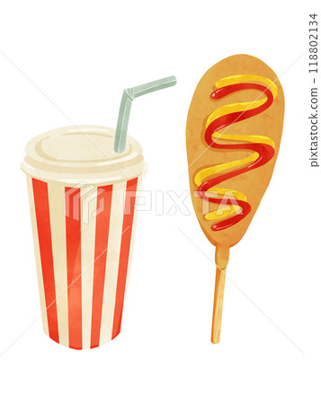 玉米狗和飲料套裝水彩風格手繪插畫 118802134