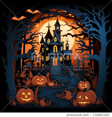 Paper cut Halloween Haunted House with Glowing Pumpkins in Spooky Fores Paper cut Halloween Haunted House with Glowing Pumpkins in Spooky Fores 118802268