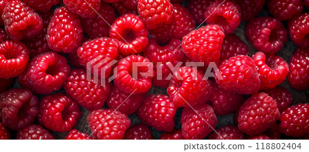 Vibrant close-up of ripe red raspberries with luscious texture 118802404