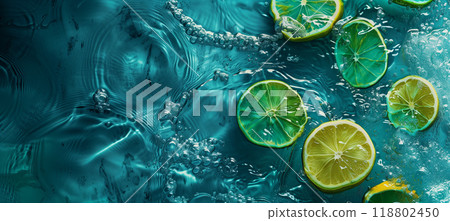 Top view of vibrant background with organic lime slices in water for healthy diet and nutrition 118802450