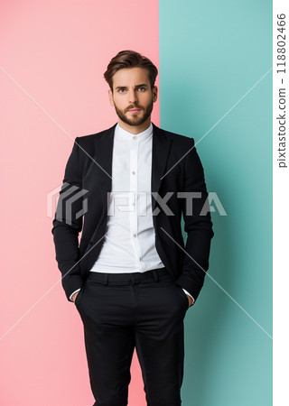 Fashionable businessman stands on light pastel background Fashionable businessman stands on light pastel background 118802466