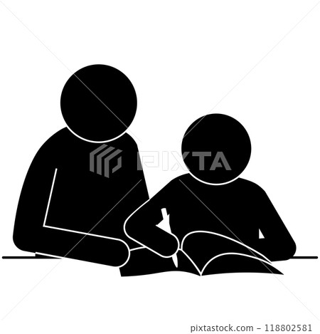 Pictogram of a child studying and an adult teaching him Pictogram of a child studying and an adult teaching him 118802581