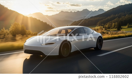 AI 產生的圖像描繪了下一代能源汽車，它可以在被大自然包圍的高速公路上舒適地行駛，實現零排放 118802602