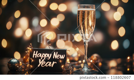 AI-generated image of a fun and realistic depiction of the words "Happy New Year" and celebratory champagne glasses 118802607