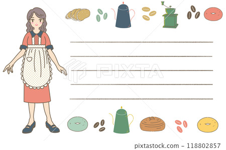 咖啡館店員和咖啡館物品的框架集古典時尚女孩和咖啡館圖標框架 118802857