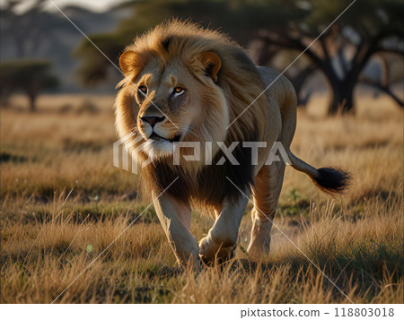 Lion walking across the savannah 118803018
