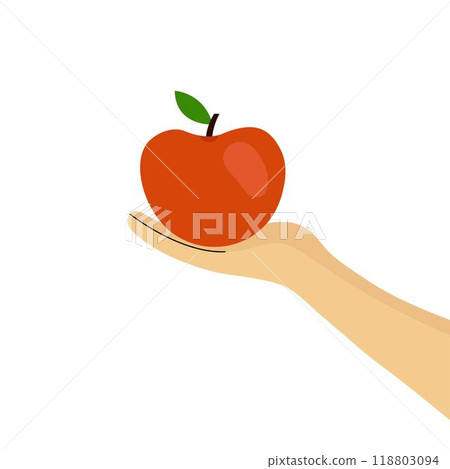 Minimalist illustration of a hand holding red apple with green leaf. Minimalist illustration of a hand holding red apple with green leaf. 118803094