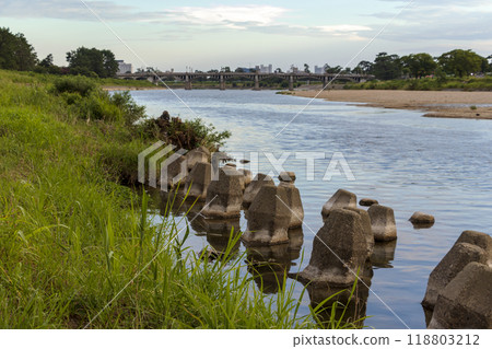 Wave-breaking blocks lined up on the riverbank 118803212