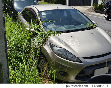 A silver car that has a broken tire and is covered with leaves 118803391