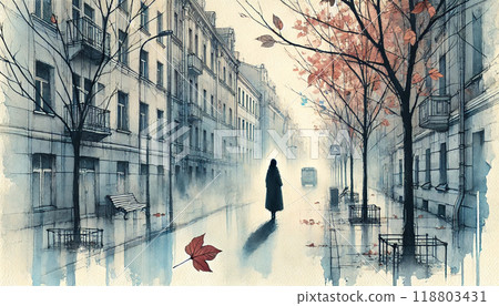 水彩畫風格,令人難忘的秋風漫步城市。 水彩畫風格,令人難忘的秋風漫步城市。 118803431