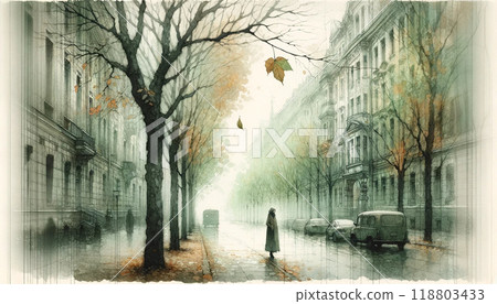 水彩畫風格，令人難忘的秋風漫步城市。 118803433