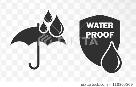 Waterproof shield drop icon symbol. Water Proof sign logo. Water protection, liquid proof.  Vector illustration image. Isolated on background. 118803509