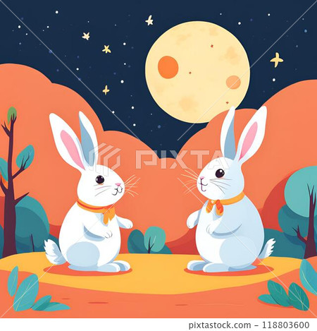 Illustration of a rabbit watching the moon Illustration of a rabbit watching the moon 118803600