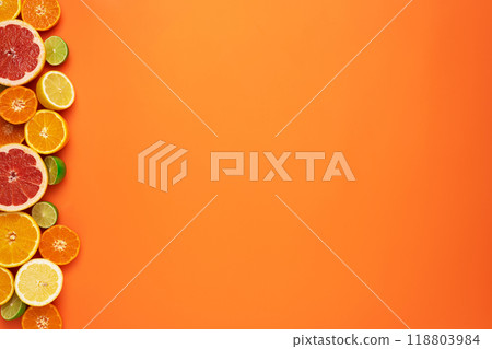 Fresh sliced and halved citrus fruits on the left image border on orange background. Fresh sliced and halved citrus fruits on the left image border on orange background. 118803984