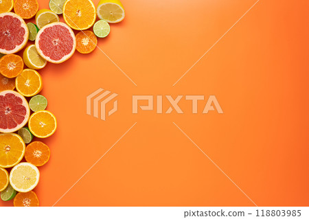Fresh sliced and halved citrus fruits on the left image border on orange background. Fresh sliced and halved citrus fruits on the left image border on orange background. 118803985
