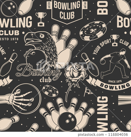 Bowling sports club seamless pattern. Vector illustration. Vintage monochrome label, sticker, patch with bowling ball and athlete bowling shoot pins silhouettes. 118804036